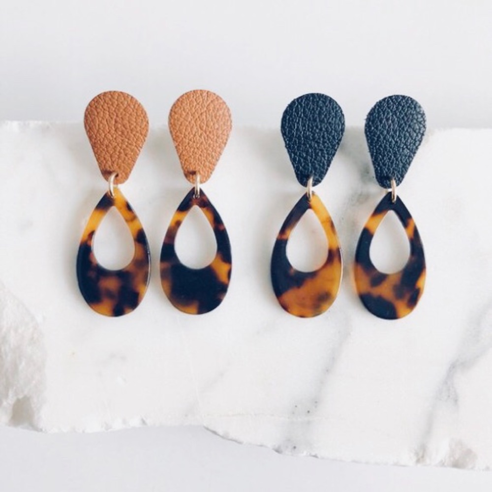 Leather Tortoise Teardrop Earrings
